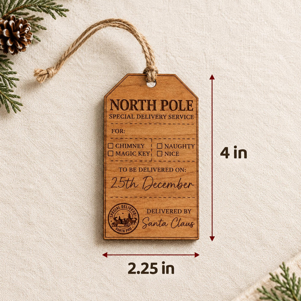 Personalized Santa Sack Tag, North Pole Special Delivery Wood Gift Tag, Custom Christmas Eve Box Tag, From Santa Keepsake, Stocking Tag