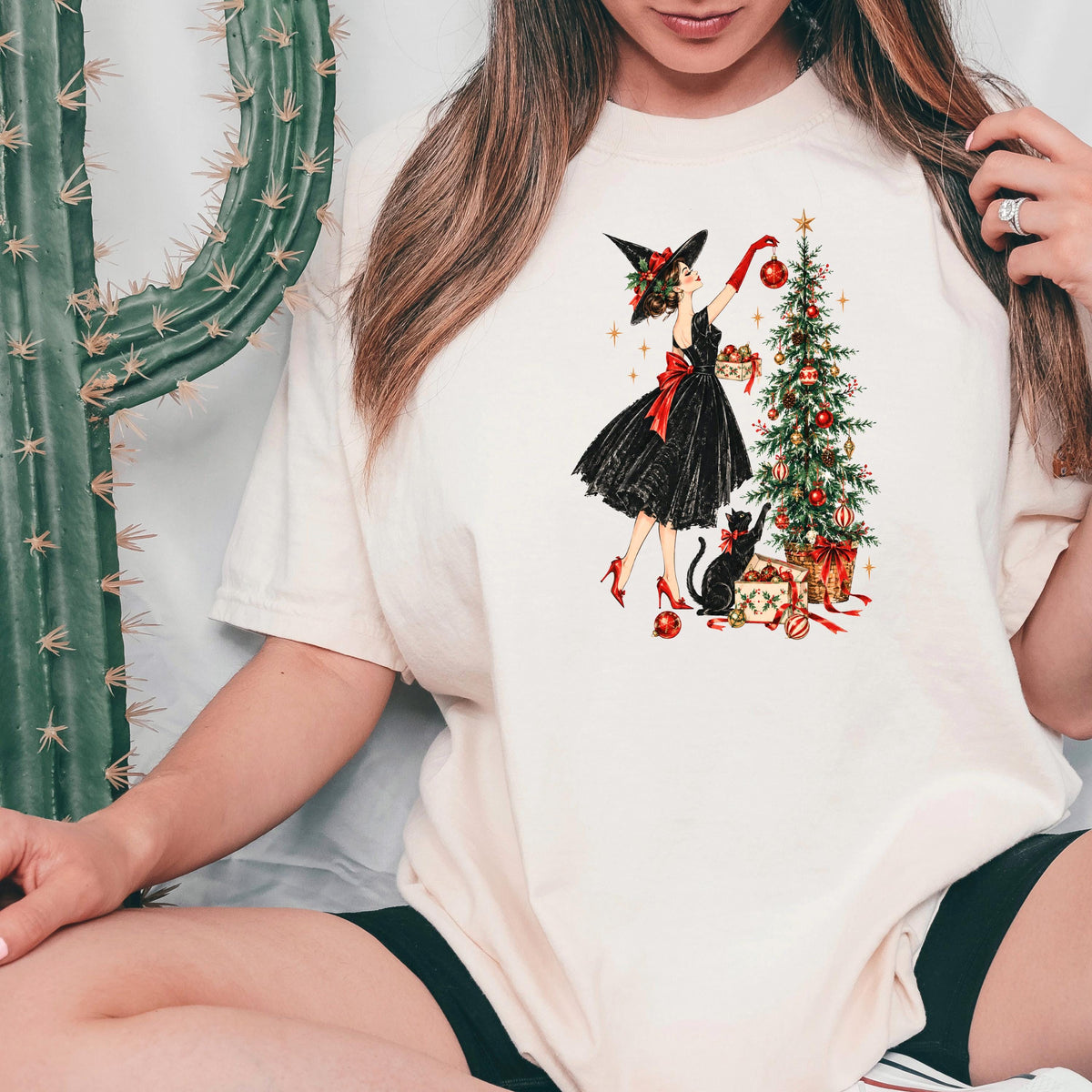 Vintage Christmas Witch Shirt, Elegant Witchy Christmas Tee for Her, Witch Decorating Tree with Black Cat, Retro Cottagecore Xmas Gift