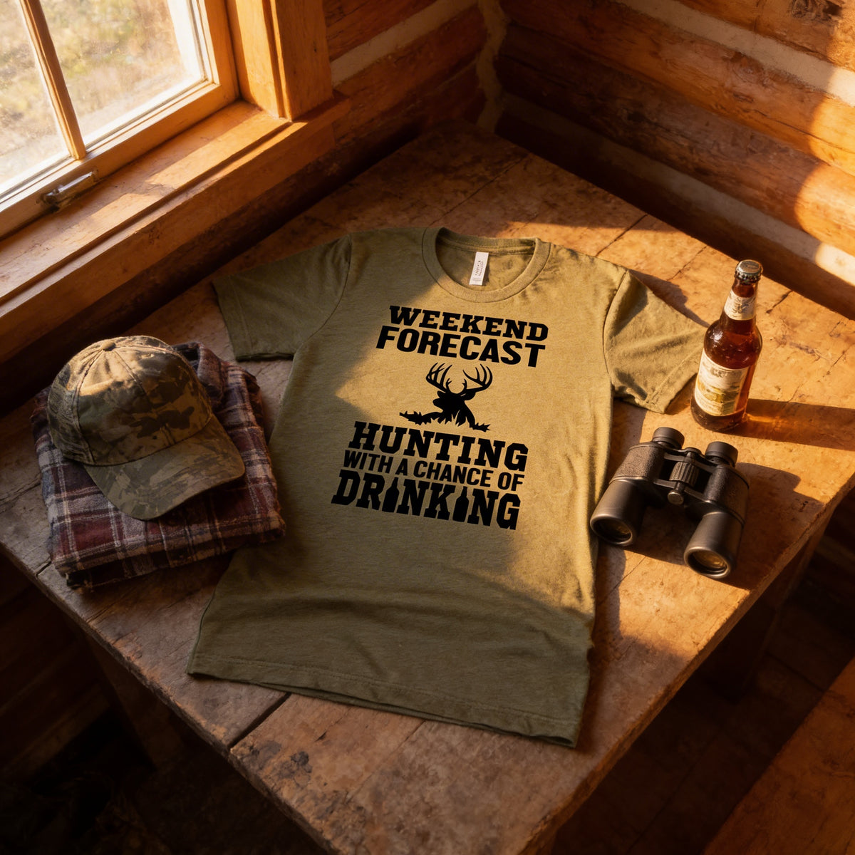 A t-shirt with a humorous text printed on it, along with a pair of binoculars and a bottle of beer, all placed on a wooden surface.