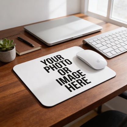 A wooden desk with a laptop, keyboard, mouse, and a plant. There is a mouse pad with the text "YOUR PHOTO OR IMAGE HERE" on it.