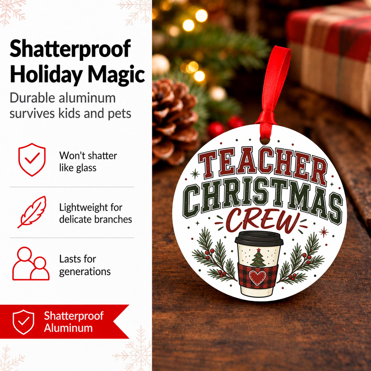 Teacher Christmas Crew Ornament, Coffee Lover Teacher Gift, Holiday Tree Decor, School Staff Appreciation, Round Aluminum