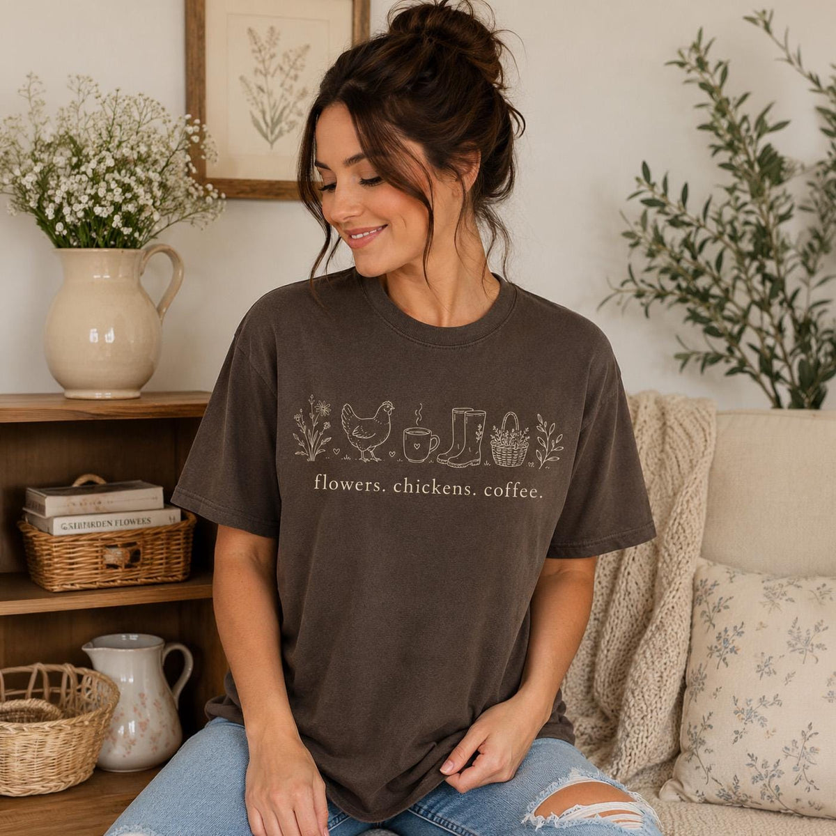 Comfort Colors Tee Chicken Mom Flowers Chickens Coffee, Chicken Lover Shirt, Homestead Shirt, Country Living Shirt, Cottagecore Clothing