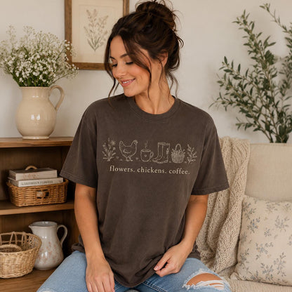 Comfort Colors Tee Chicken Mom Flowers Chickens Coffee, Chicken Lover Shirt, Homestead Shirt, Country Living Shirt, Cottagecore Clothing