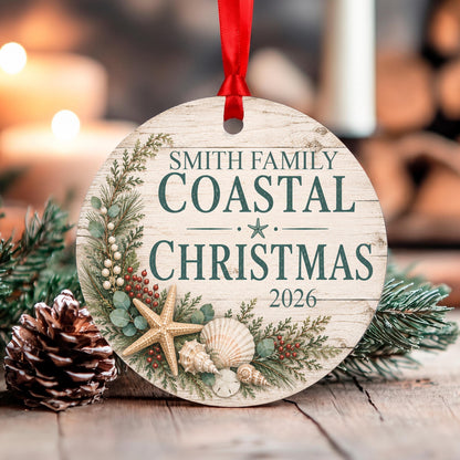 Personalized Coastal Christmas Ornament, Family Beach Christmas Keepsake with Name & Year, Nautical Seashell Ornament, Beach House Gift