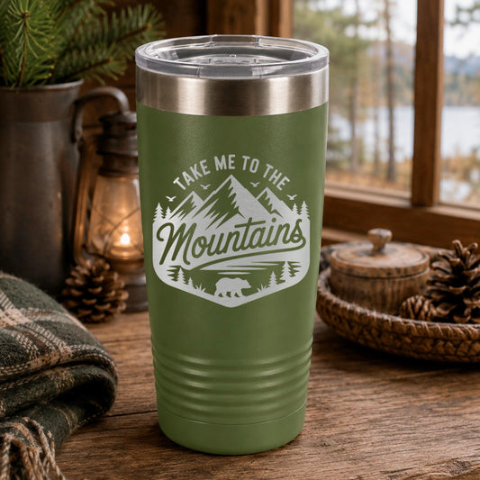 Mountain Travel Mug 20oz Insulated Stainless Steel Tumbler, Camp.
