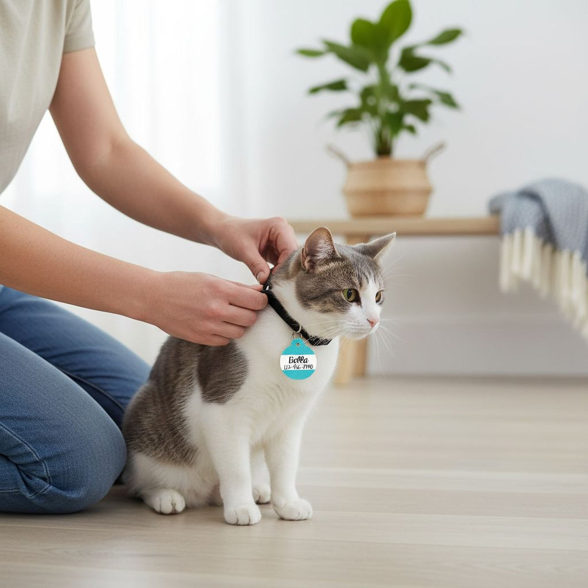 A person is kneeling down and petting a cat wearing a blue collar with a name tag.
