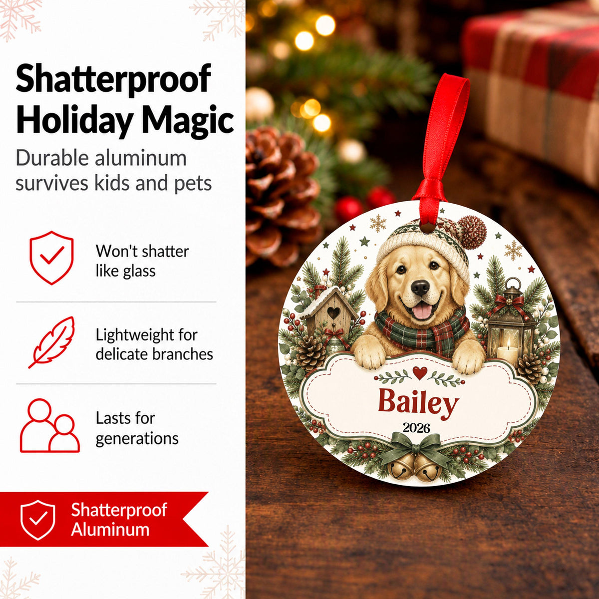 Personalized Golden Retriever Christmas Ornament, Custom Dog Name Ornament, Pet Memorial Gift, Puppy's First Christmas
