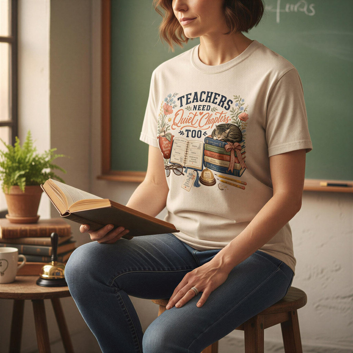 A woman wearing a t-shirt with a graphic design of books and a chalkboard, sitting on a stool and reading a book.