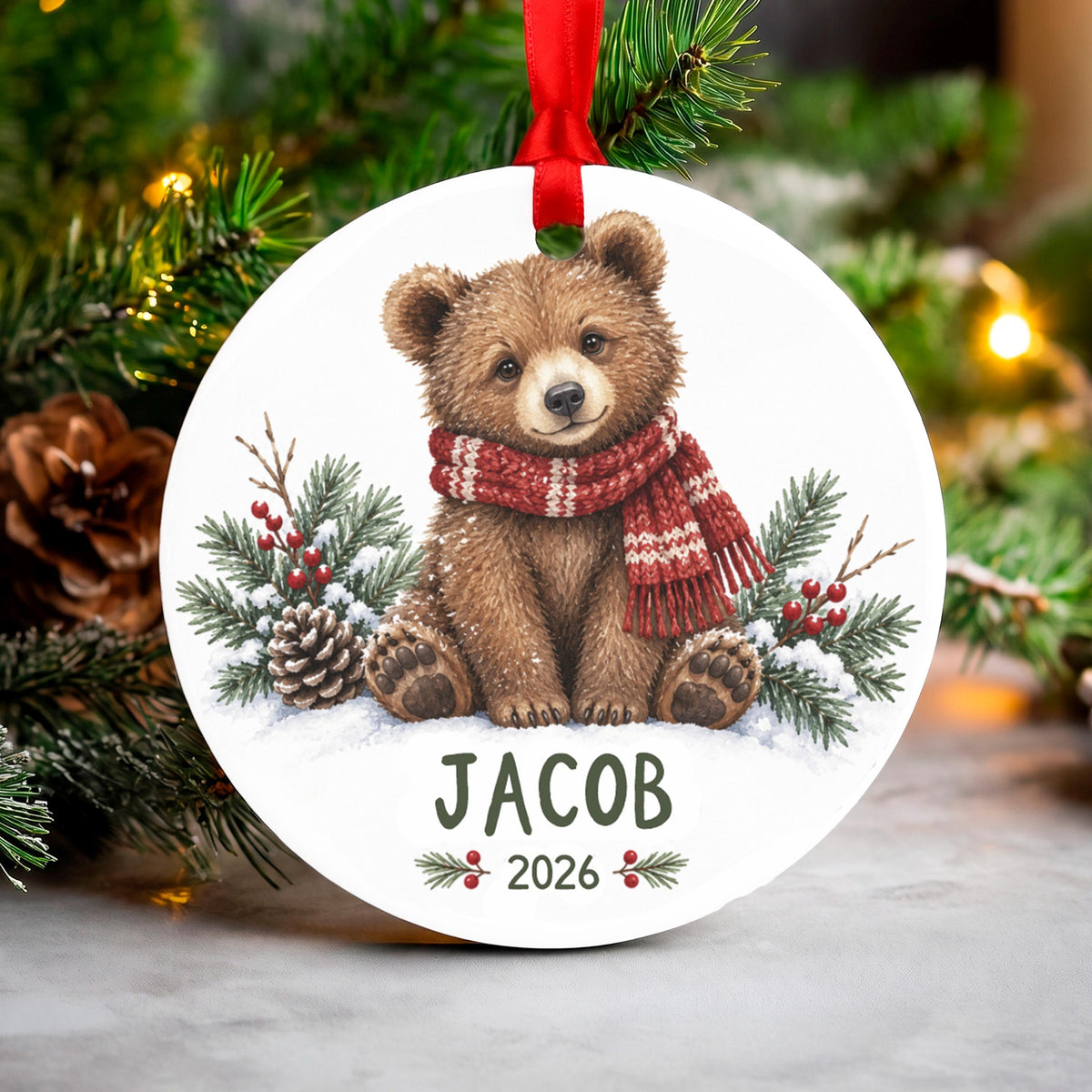 Personalized Bear Christmas Ornament, 2.75in Aluminum, Gift Boxed