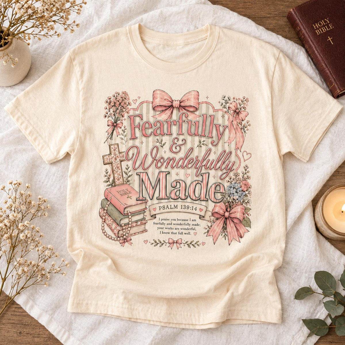 Fearfully and Wonderfully Made Shirt, Psalm 139:14 Christian Tee for Women, Coquette Pink Faith Shirt, Bible Verse Gift, Scripture Tee