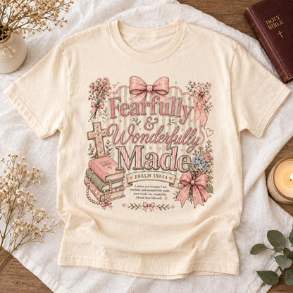 Fearfully and Wonderfully Made Shirt, Psalm 139:14 Christian Tee for Women, Coquette Pink Faith Shirt, Bible Verse Gift, Scripture Tee