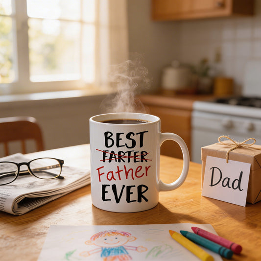 A mug with the text "BEST FATHER FATHER EVER" printed on it, along with a pair of glasses and a small gift box labeled "DAD" on a kitchen counter.