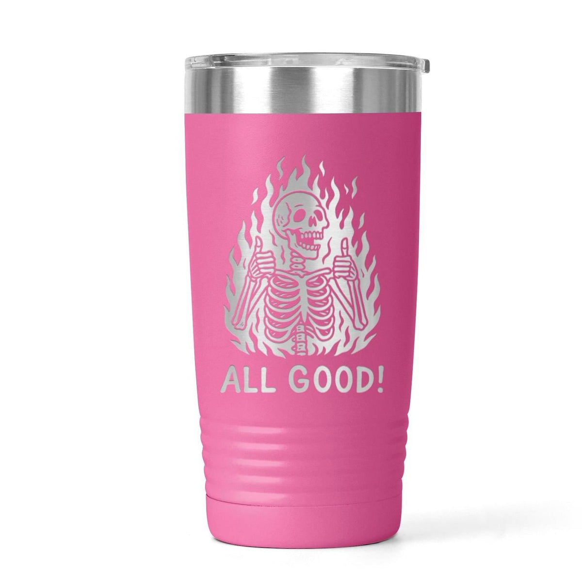 A pink tumbler with a silver lid and a printed design of a skeleton with flames on it.