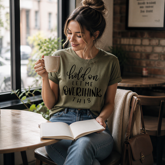 A woman is sitting at a table in a cafe, holding a coffee mug and reading a book. She is wearing a green t-shirt with the text "hold on, let me overwhelm this" printed on it.