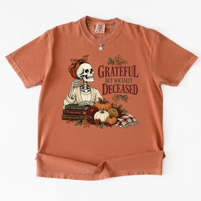 Grateful But Socially Deceased Shirt, Introvert Book Lover Tee, Funny Fall Skeleton Shirt, Bookish Fall Gift, Homebody Reading Top