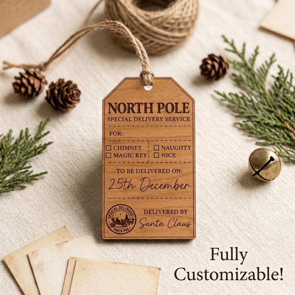 personalized santa sack tag, North Pole Wood Gift Tag 2.25x4 Mini