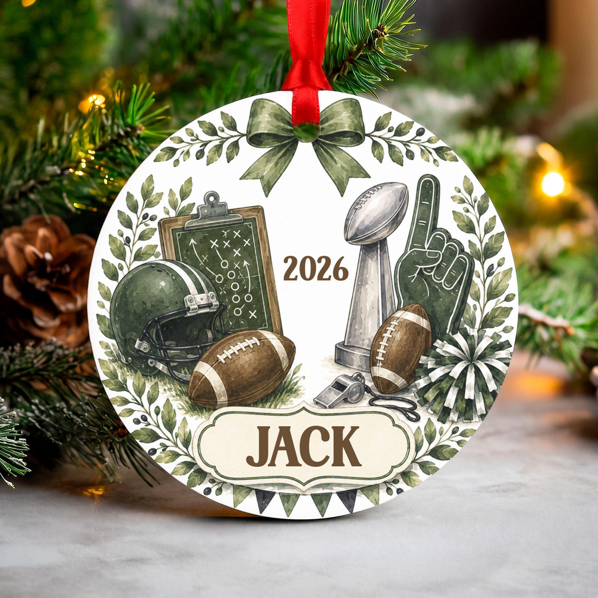 Personalized Football Ornament, Custom Name Christmas Tree Decor, Sports Fan Gift, Aluminum Round, Kid Pet Friendly