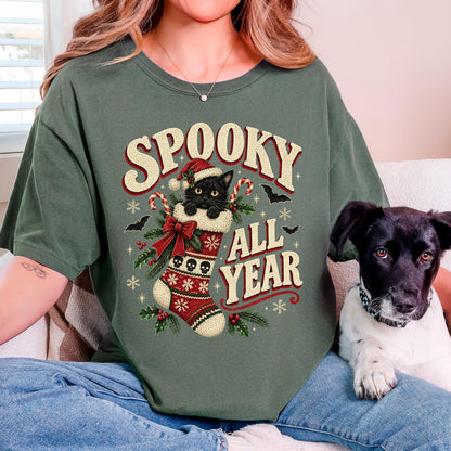 Spooky All Year Shirt, Black Cat Christmas Tee, Goth Christmas Shirt, Creepmas Spooky Christmas Cat Gift, Witchy Christmas Cat Lover Top