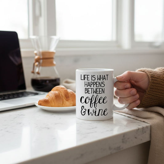 A person's hand holding a coffee mug with the text "Life is what happens between coffee & wine" printed on it, along with a croissant on a plate in the background.