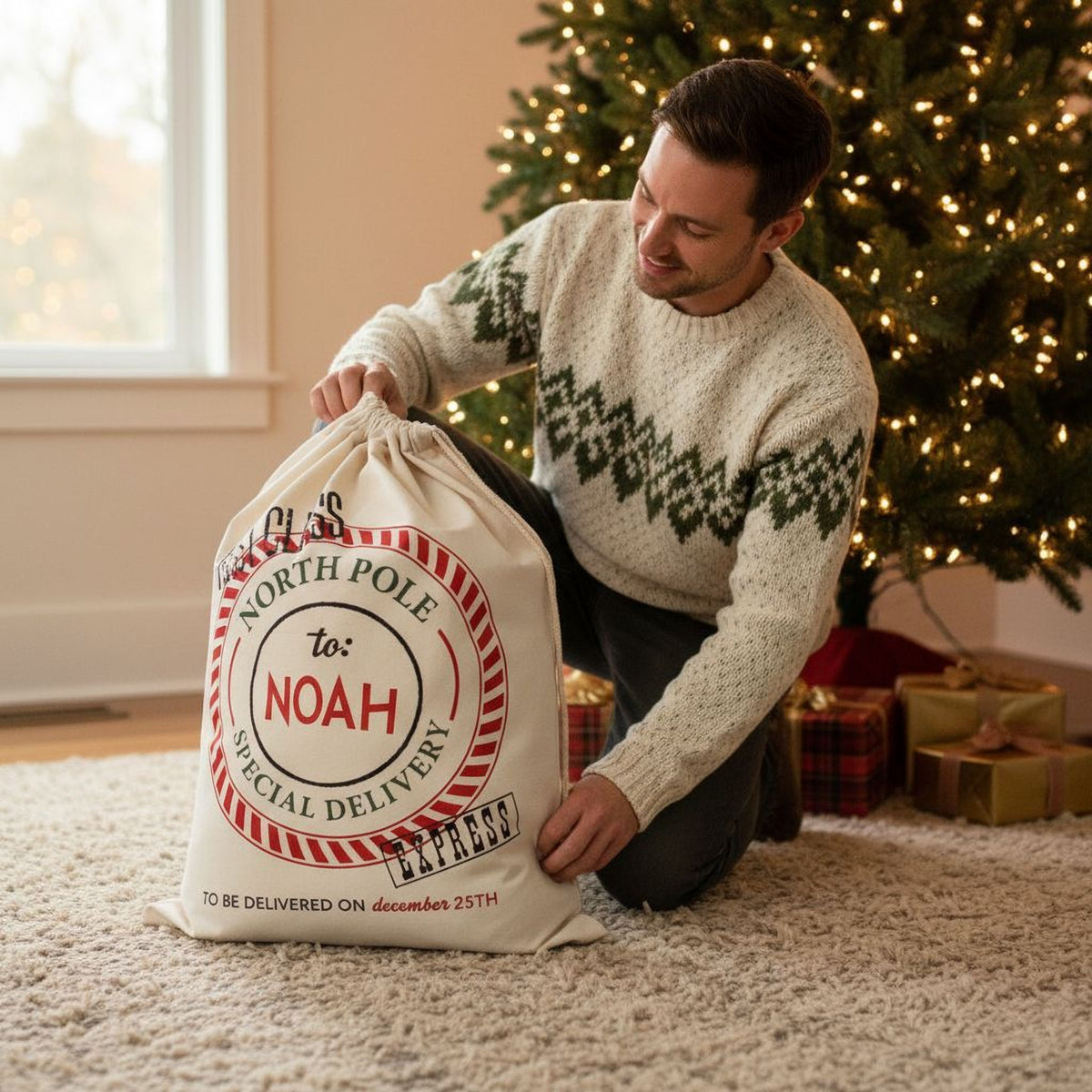 A man in a white sweater is kneeling on the floor and holding a large bag labeled "North Pole to Noah Special Delivery" in front of a Christmas tree.