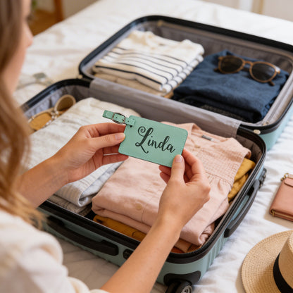 A person is packing a suitcase with clothes and accessories, holding a green luggage tag with the name 'Linda' written on it.