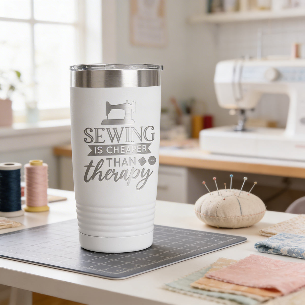 A white tumbler with a silver lid, featuring a sewing-themed design and text, sits on a table in a sewing workshop.