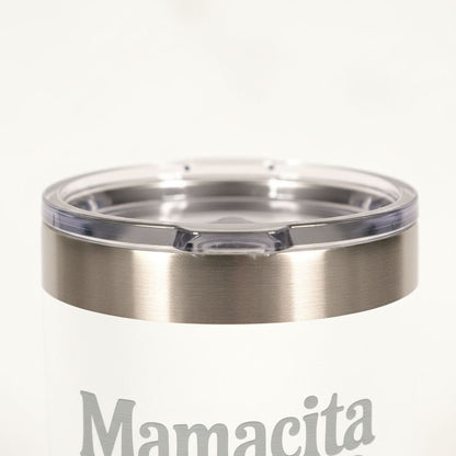 A close-up view of a stainless steel thermos lid with the word "Mamicia" printed on it.