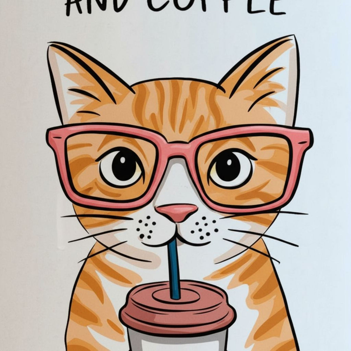 A cartoon cat wearing pink glasses and holding a coffee cup, with the text "AND COFFEE" above the image.