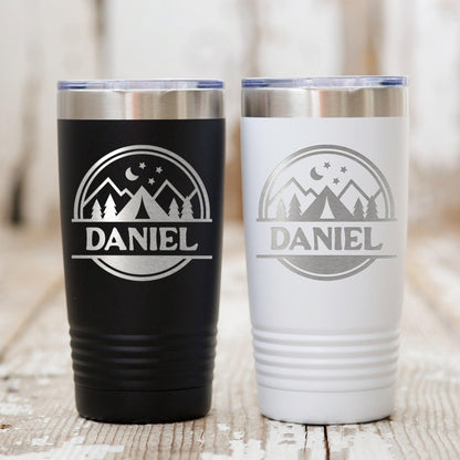 Personalized Camping Tumbler – Insulated Travel Mug with Mountain Stars Design