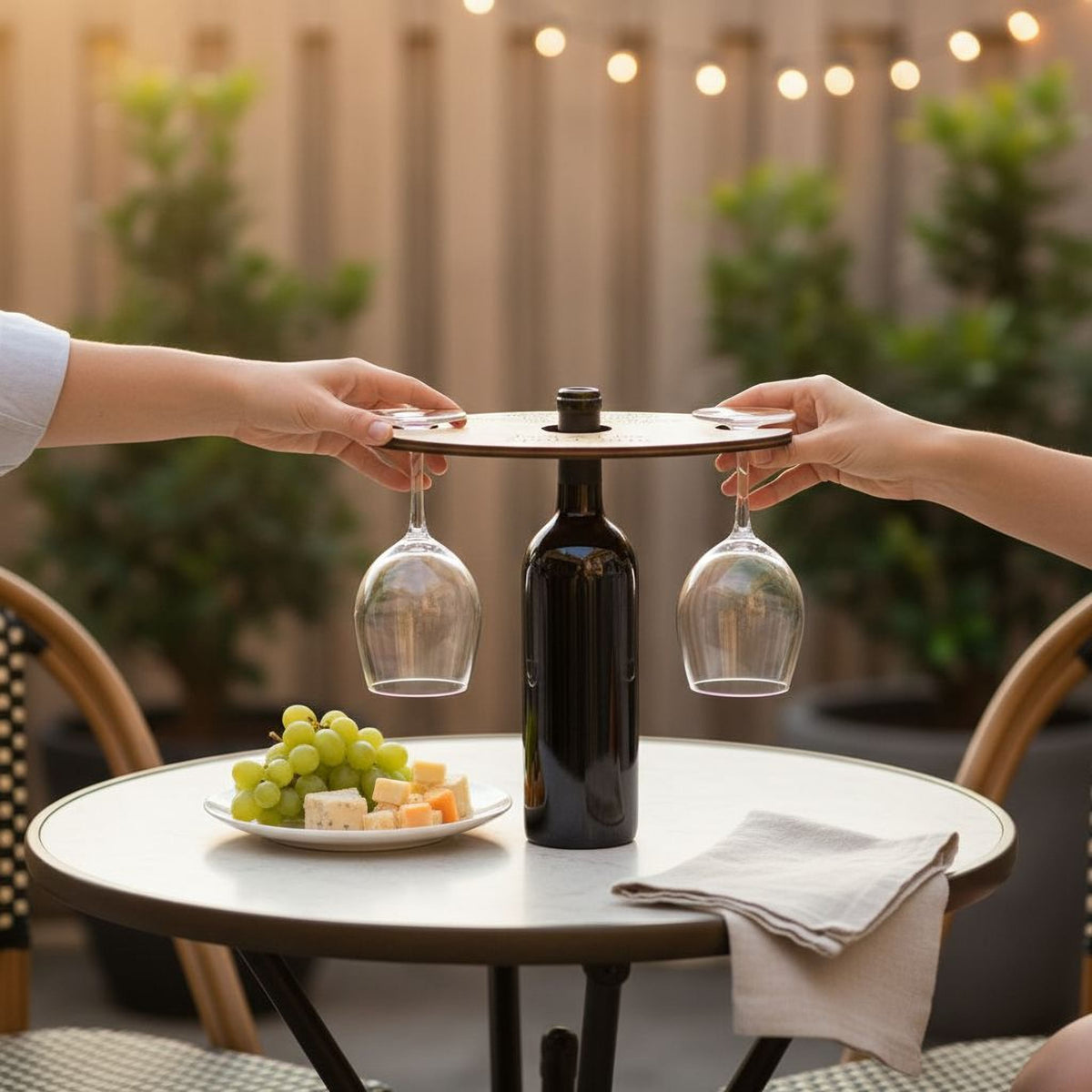 Two hands holding wine glasses above a table with a plate of cheese and grapes.