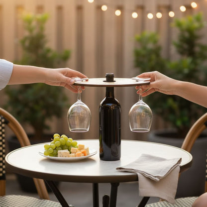 Two hands holding wine glasses above a table with a plate of cheese and grapes.