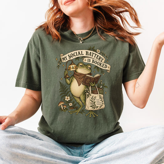 My Social Battery Is Booked Shirt, Cottagecore Frog Book Lover Tee, Funny Introvert Reading Shirt, Bookish Frog Gift, Cute Frog Reader Top