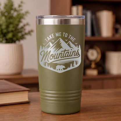 Mountain Travel Mug 20oz Insulated Stainless Steel Tumbler, Camp.