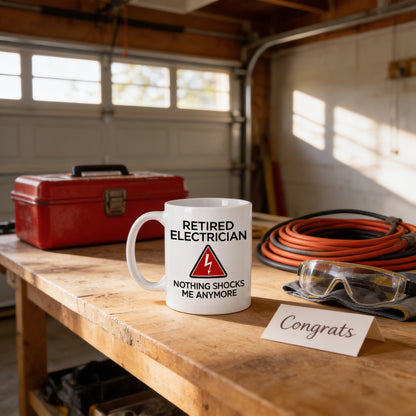 A white mug with a humorous electrical joke sits on a wooden table, accompanied by a red toolbox, a pair of safety glasses, and a sign that reads "Congratulations".