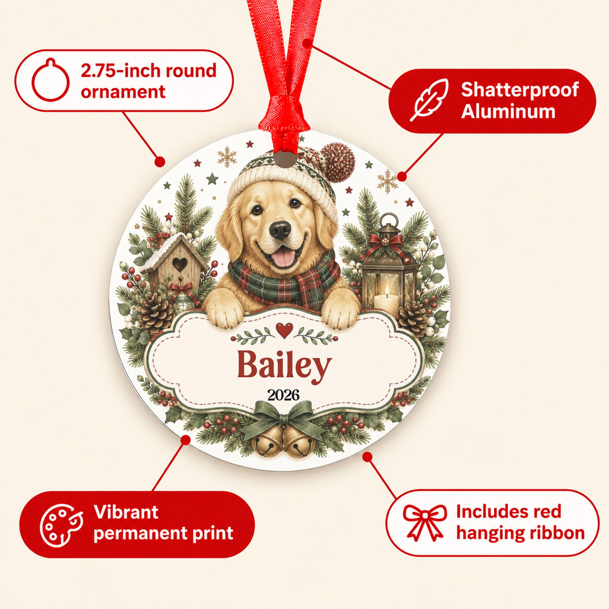 Personalized Golden Retriever Christmas Ornament, Custom Dog Name Ornament, Pet Memorial Gift, Puppy's First Christmas