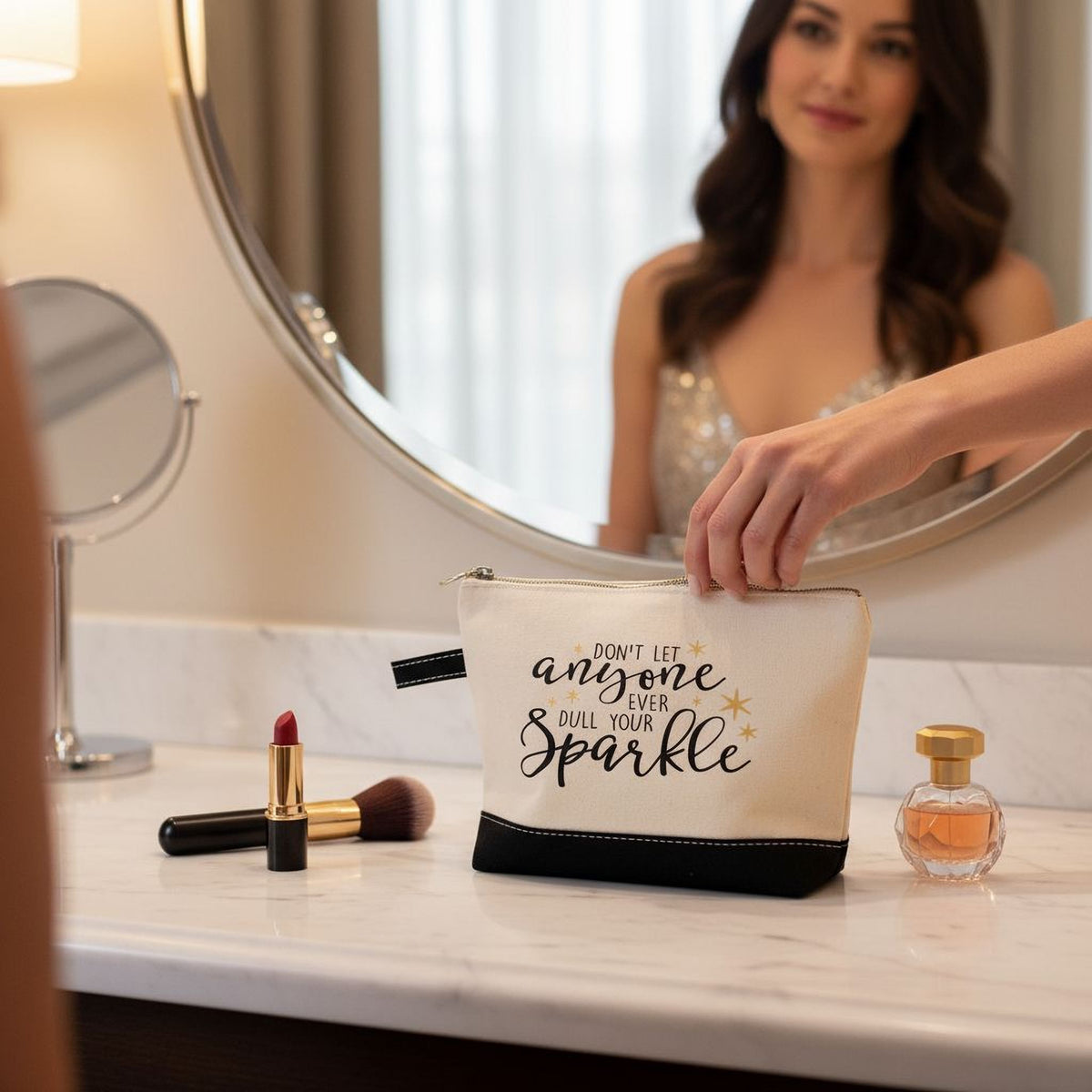 A woman is reaching into a makeup bag with a handbag, while a mirror and various makeup items are visible in the background.