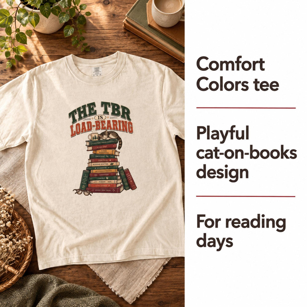 TBR Load Bearing Shirt, Book Lover Gift, Reading Shirt, Bookish Tee, Comfort Colors T-Shirt, Cat on Books, Librarian Gift