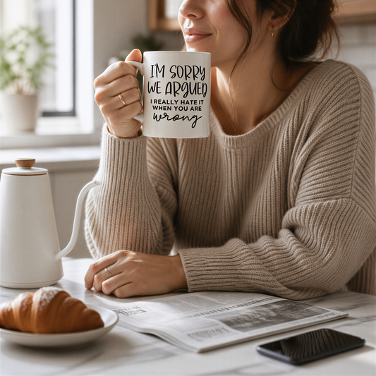 A woman is sitting at a table, holding a mug with the text "I'm sorry we argued, I really hate it when you're wrong" printed on it. She is also holding a newspaper and a croissant.
