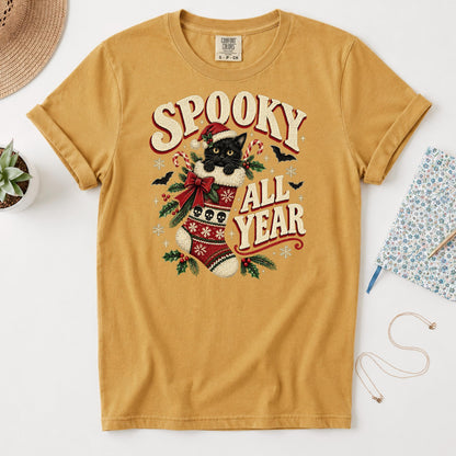 Spooky All Year Shirt, Black Cat Christmas Tee, Goth Christmas Shirt, Creepmas Spooky Christmas Cat Gift, Witchy Christmas Cat Lover Top