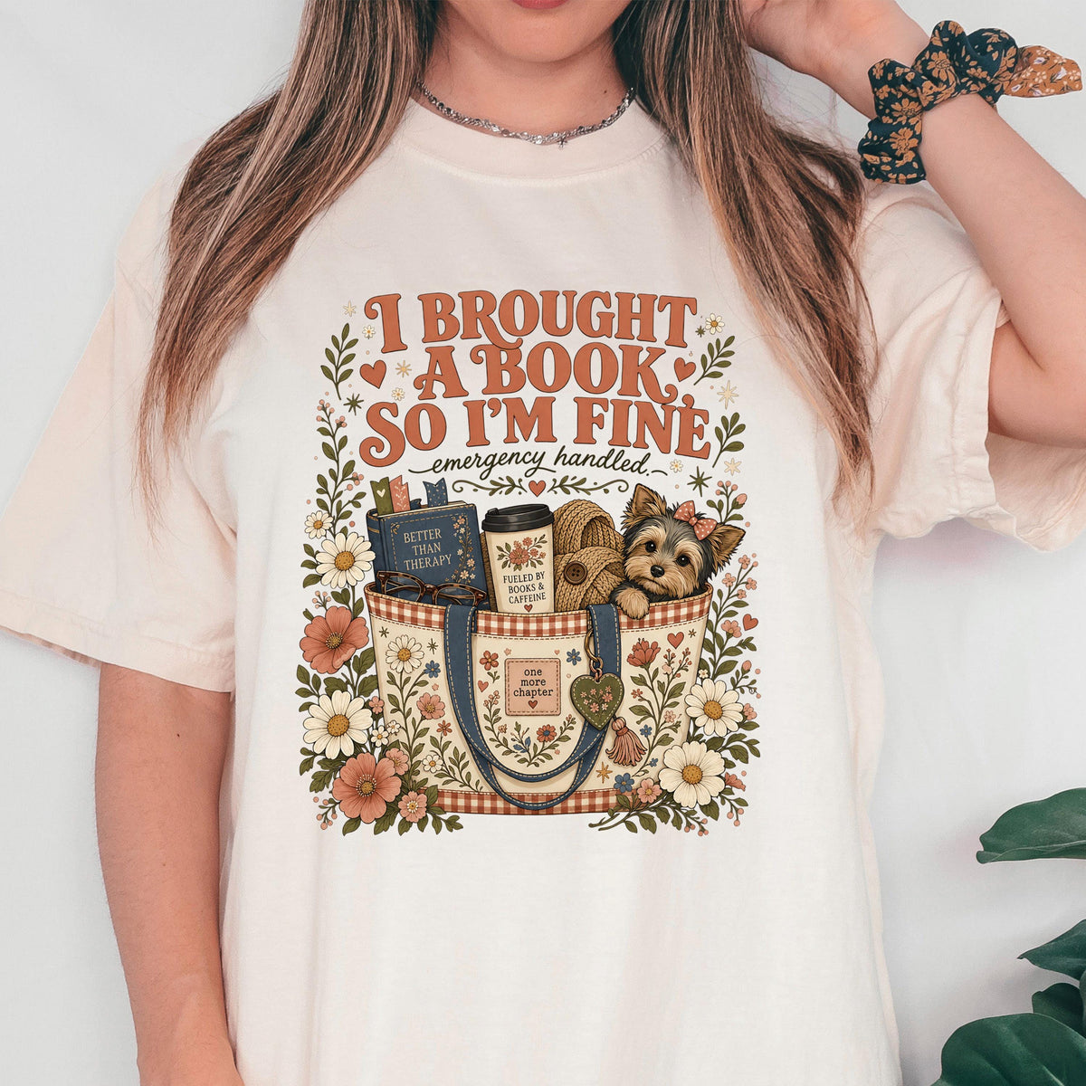 I Brought A Book So Im Fine Shirt, Funny Introvert Book Lover Tee, Books And Caffeine Reading Gift, Better Than Therapy Bookworm Dog Top