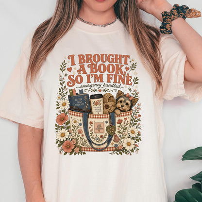 I Brought A Book So Im Fine Shirt, Funny Introvert Book Lover Tee, Books And Caffeine Reading Gift, Better Than Therapy Bookworm Dog Top