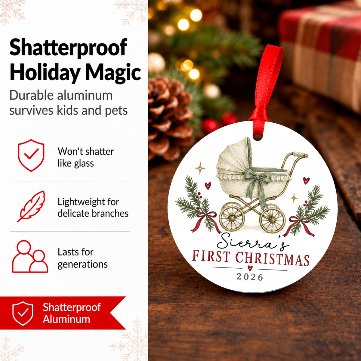 Baby's First Christmas Ornament Personalized, New Baby Stroller Keepsake, Custom Name 2026 Holiday Gift, Newborn Xmas Decor
