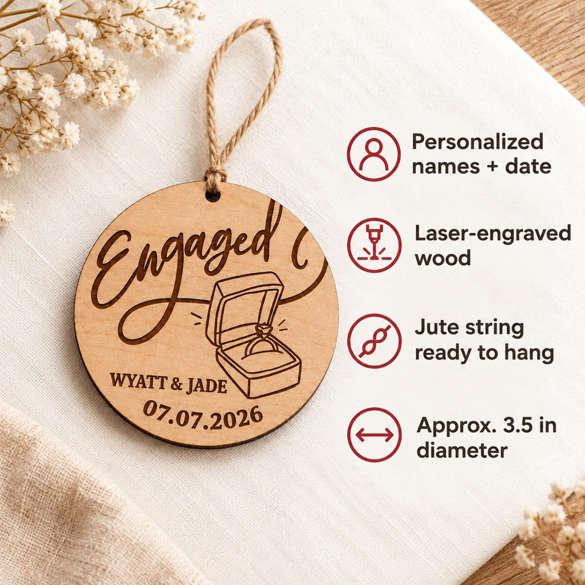 Personalized Engagement Ornament, Engaged Christmas Ornament with Names, Our First Christmas Engaged Gift, Newly Engaged Couple Keepsake