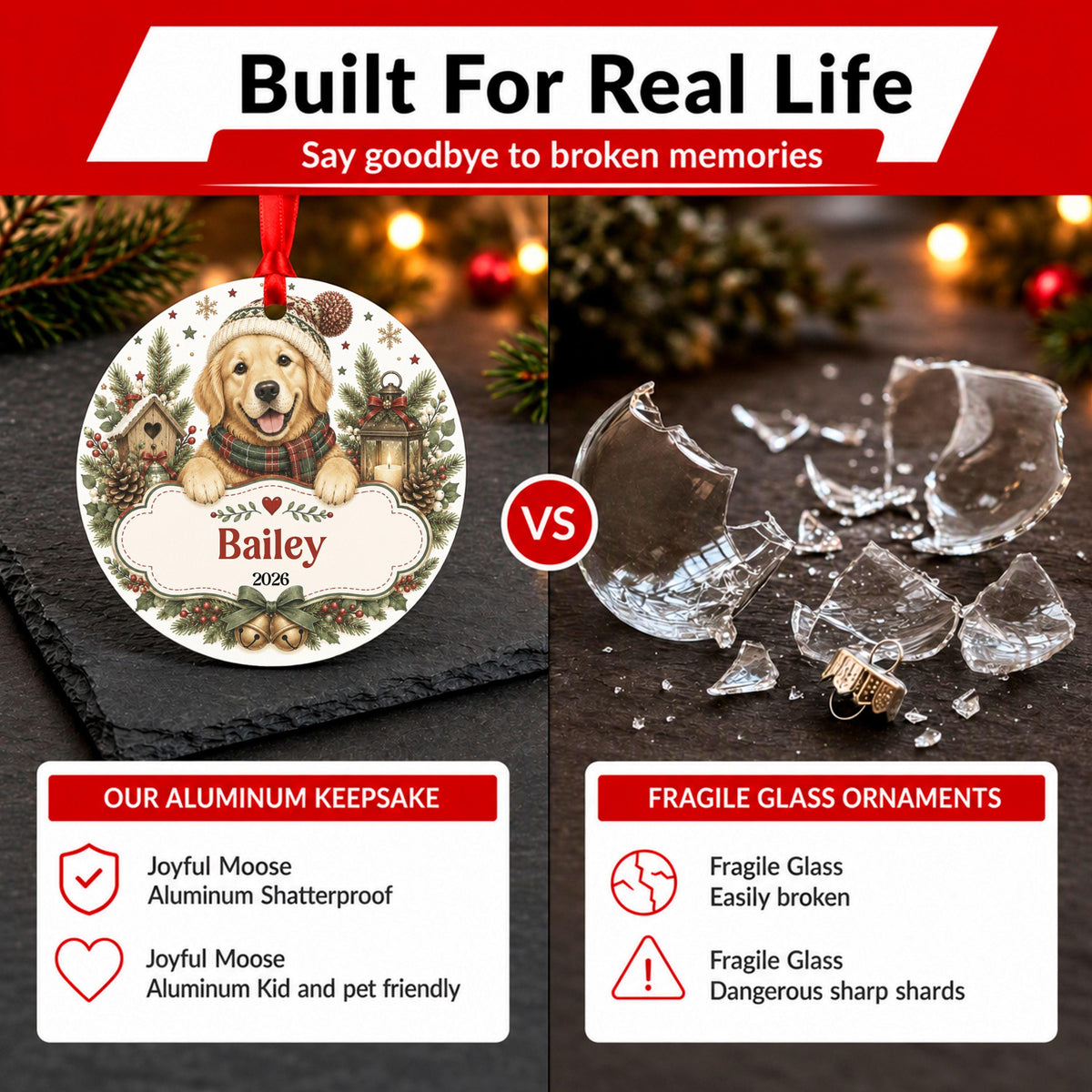 Personalized Golden Retriever Christmas Ornament, Custom Dog Name Ornament, Pet Memorial Gift, Puppy's First Christmas