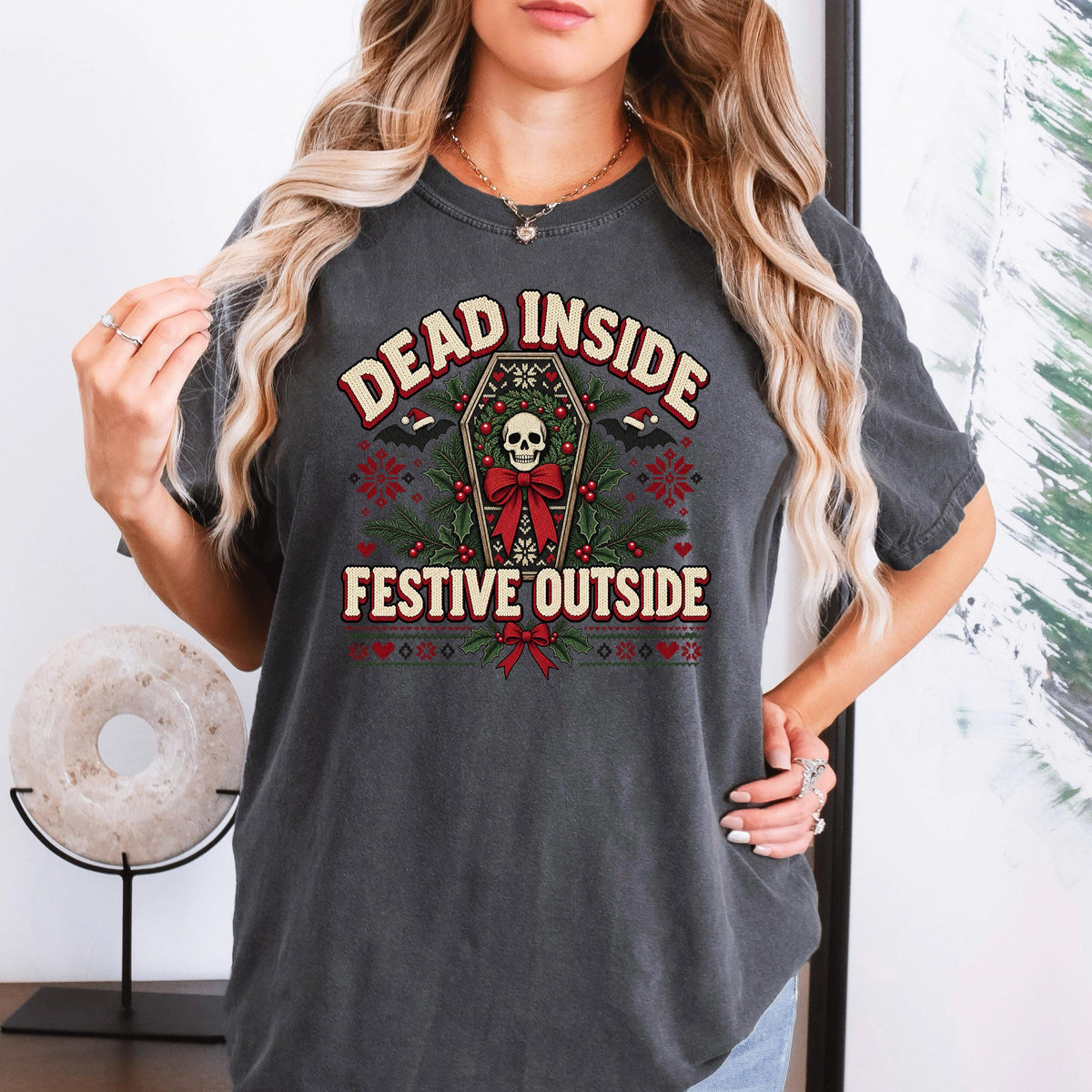 Dead Inside Festive Outside Shirt, Goth Christmas Tee, Funny Skeleton Christmas Shirt, Spooky Ugly Christmas Sweater Style, Creepmas Gift