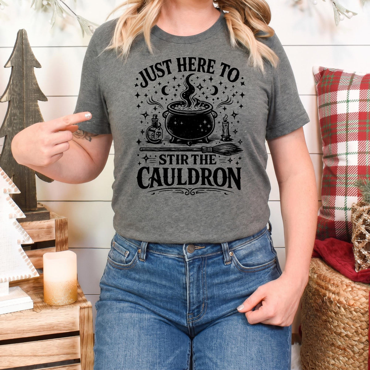 Bella Canvas Tee Just Here To Stir The Cauldron, Witch Cauldron Shirt, Funny Witch Shirt, Halloween Tshirt, Witchy Clothing Gift For Her
