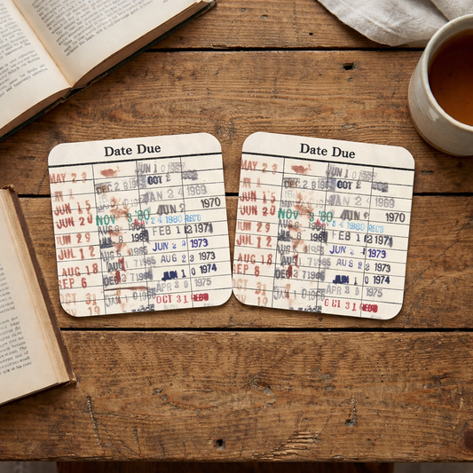 two date due cards placed on a wooden table, along with a book and a cup of tea.