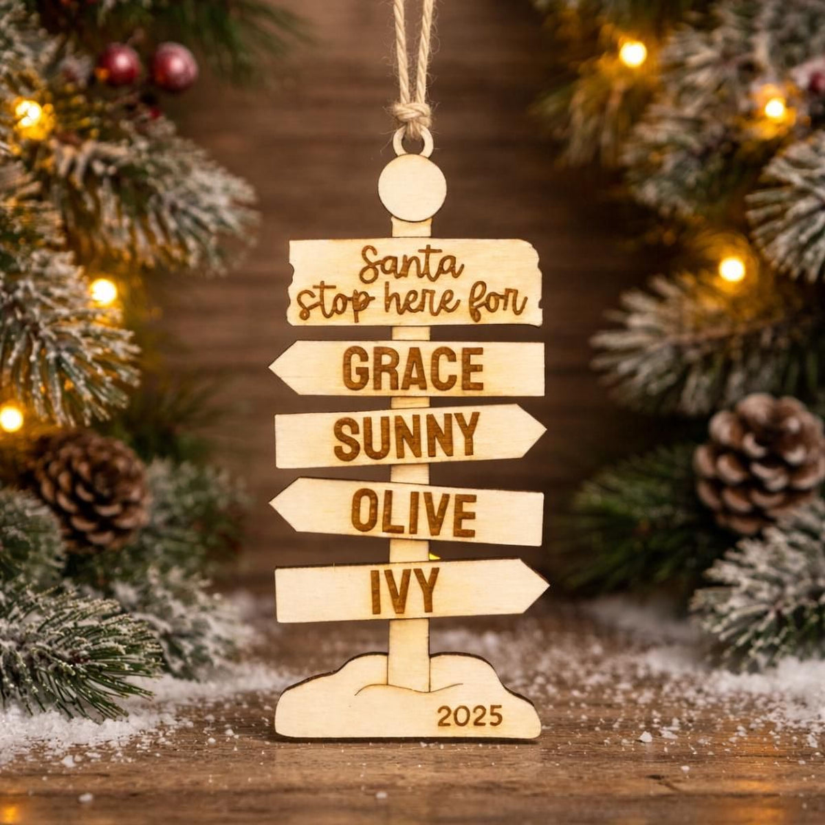 A wooden ornament with directional signs, each pointing to a different holiday destination, is displayed in front of a Christmas tree with pine cones and other holiday decorations.