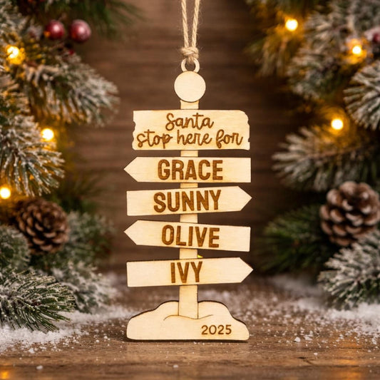 A wooden ornament with directional signs, each pointing to a different holiday destination, is displayed in front of a Christmas tree with pine cones and other holiday decorations.