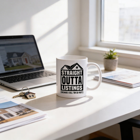 A white mug with the text "STRAIGHT OUTTA LISTINGS" printed on it, placed on a desk next to a laptop, a keychain, and some papers.